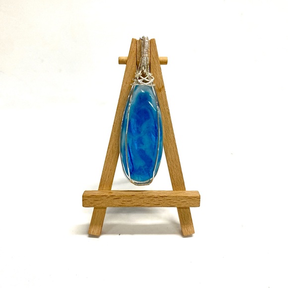 HANDMADE Resin Art “Faux Larimar” Wire Wrapped Statement Pendant - Picture 3 of 10